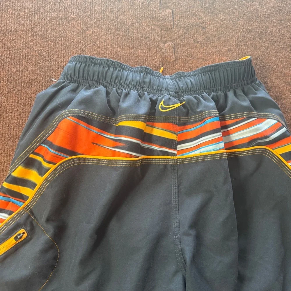 Nike Mens Swim Trunks Small Black Orange Striped Board Shorts Mesh Lined A+ beac